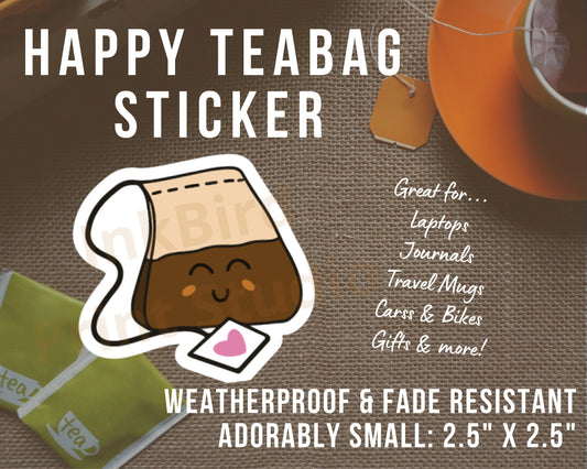 InkBird Print Studio’s vinyl Happy Tea Sticker features a cartoon tea bag with pink heart tag, weatherproof, mini size, unique gift.