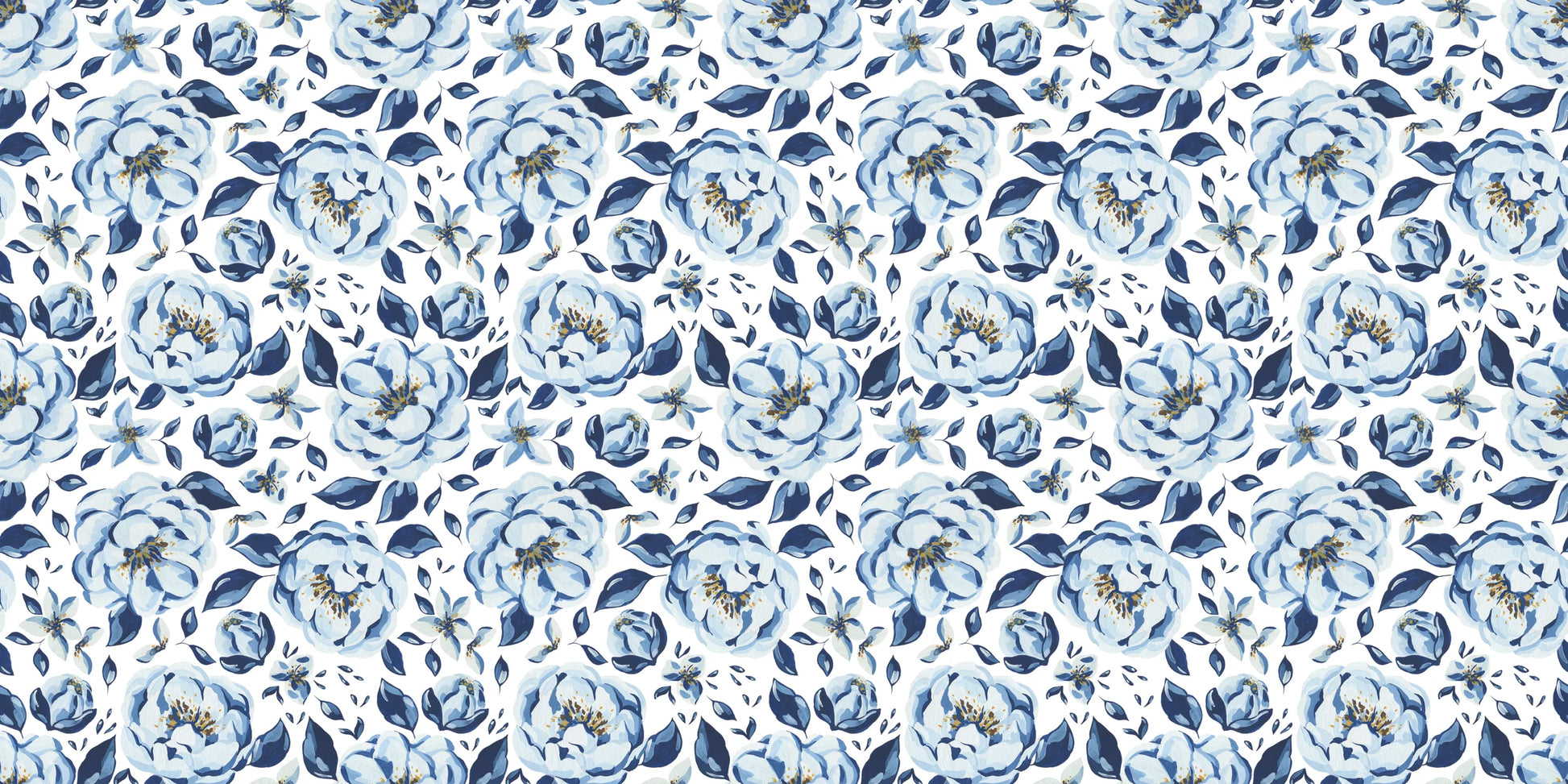 Wrapping paper with blue and white watercolor peonies and leaves on light background, vinyl finish, from InkBird Print Studio LLC.