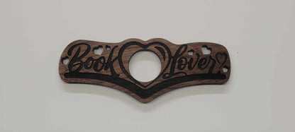 Walnut wood book holder with heart cutouts and Book Lover engraving, laser-cut by InkBird Print Studio, perfect for gifting.