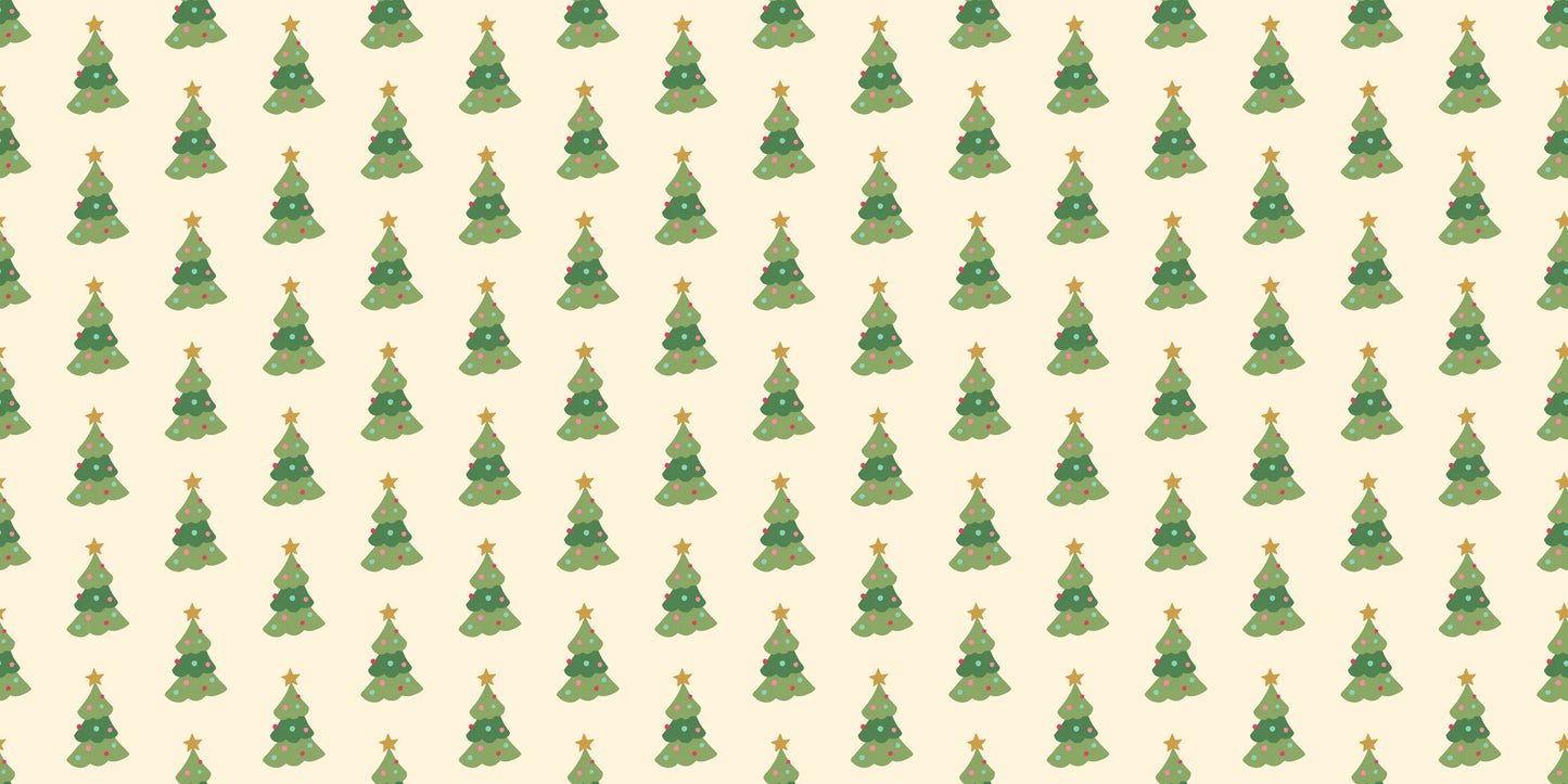 Christmas tree vinyl wrapping paper by InkBird Print Studio; beige, matte finish, green trees with yellow stars, seamless festive design.