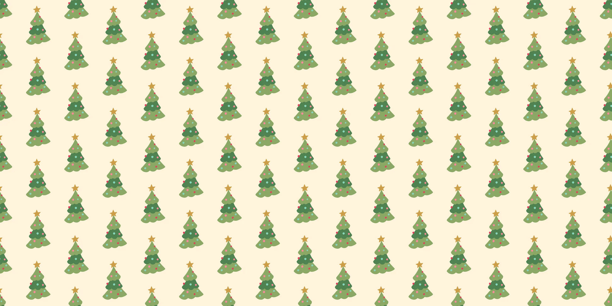 Christmas tree vinyl wrapping paper by InkBird Print Studio; beige, matte finish, green trees with yellow stars, seamless festive design.