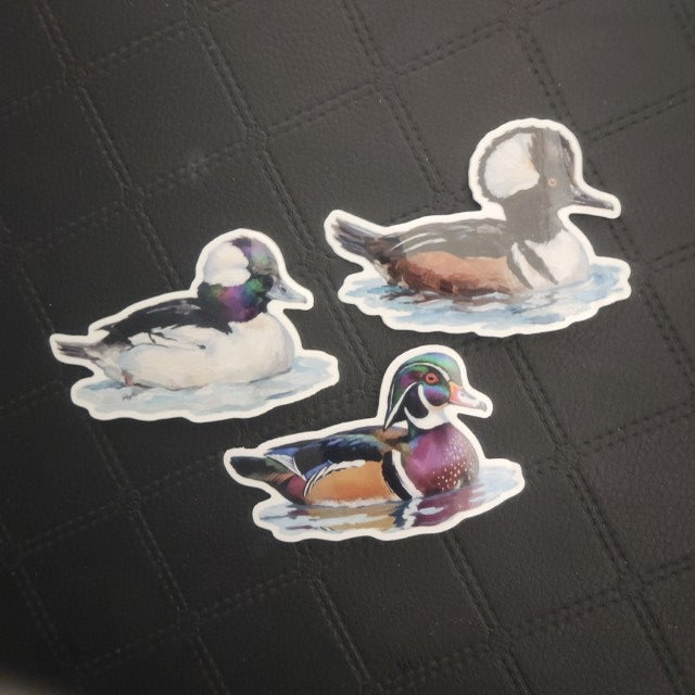 Set of three premium vinyl die-cut duck stickers for Good Days Marina by InkBird Print Studio, featuring bold colors and unique waterfowl designs. 