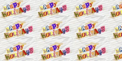 InkBird Print Studio’s vinyl wrapping paper showcases “happy holidays” in colorful magazine cutout letters on lined paper with yellow tape.