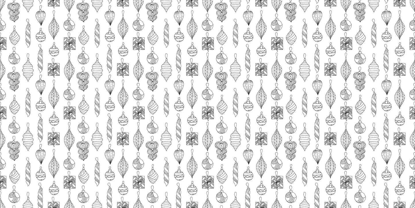 InkBird Print Studio vinyl wrapping paper with hand-drawn baubles, stars, hearts, gifts, and pinecones on white in vertical rows.