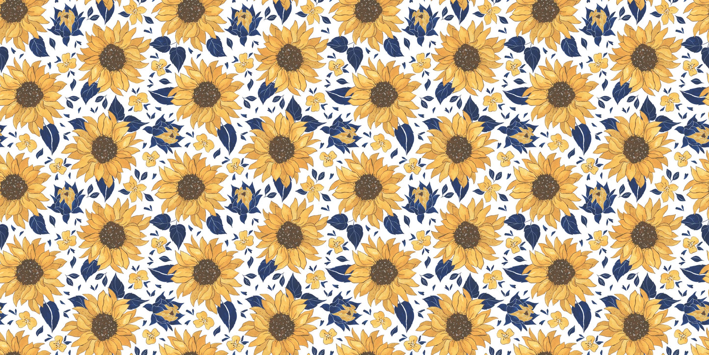 Yellow sunflower wrapping paper by InkBird Print Studio, vinyl, adhesive-backed, white base with blue/yellow leaves and brown centers.