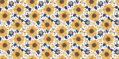 Yellow sunflower wrapping paper by InkBird Print Studio, vinyl, adhesive-backed, white base with blue/yellow leaves and brown centers.