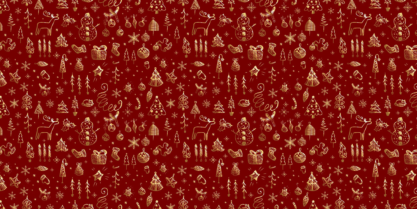 Red vinyl Christmas wrapping paper by InkBird Print Studio with gold snowmen, reindeer, trees; seamless festive pattern, gift size.