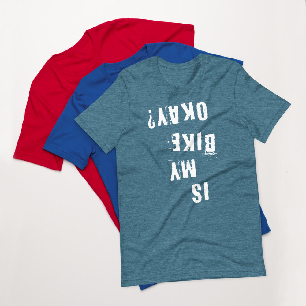 InkBird Print Studio LLC “Is My Bike Okay?” cycling T-shirt, cotton, black, medium, distressed upside-down white text over blue and red tees.