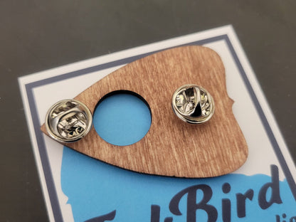Laser-cut wooden planchette pin by InkBird Print Studio, natural wood color, large or small, dual metal backs on blue-logo display card.