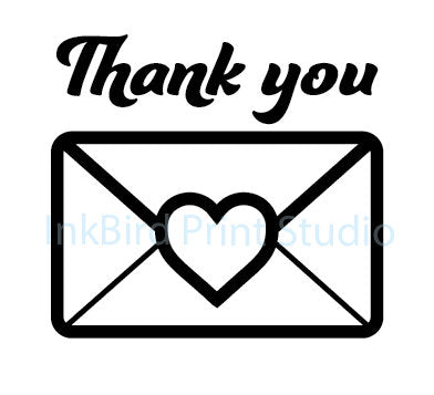 Black and white vinyl mailbox decal from InkBird Print Studio, envelope design with heart and cursive Thank you, adhesive sticker.