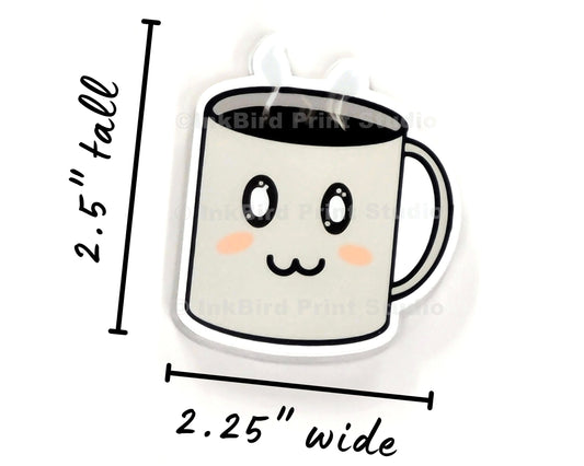 Vinyl coffee cup sticker by InkBird Print Studio, 2.5 x 2.25, cute cartoon mug with smile, steam, and visible measurements.