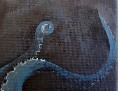 Acrylic octopus wall art, 11x14, blue tentacle with suction cups on dark background, textured finish by InkBird Print Studio LLC.